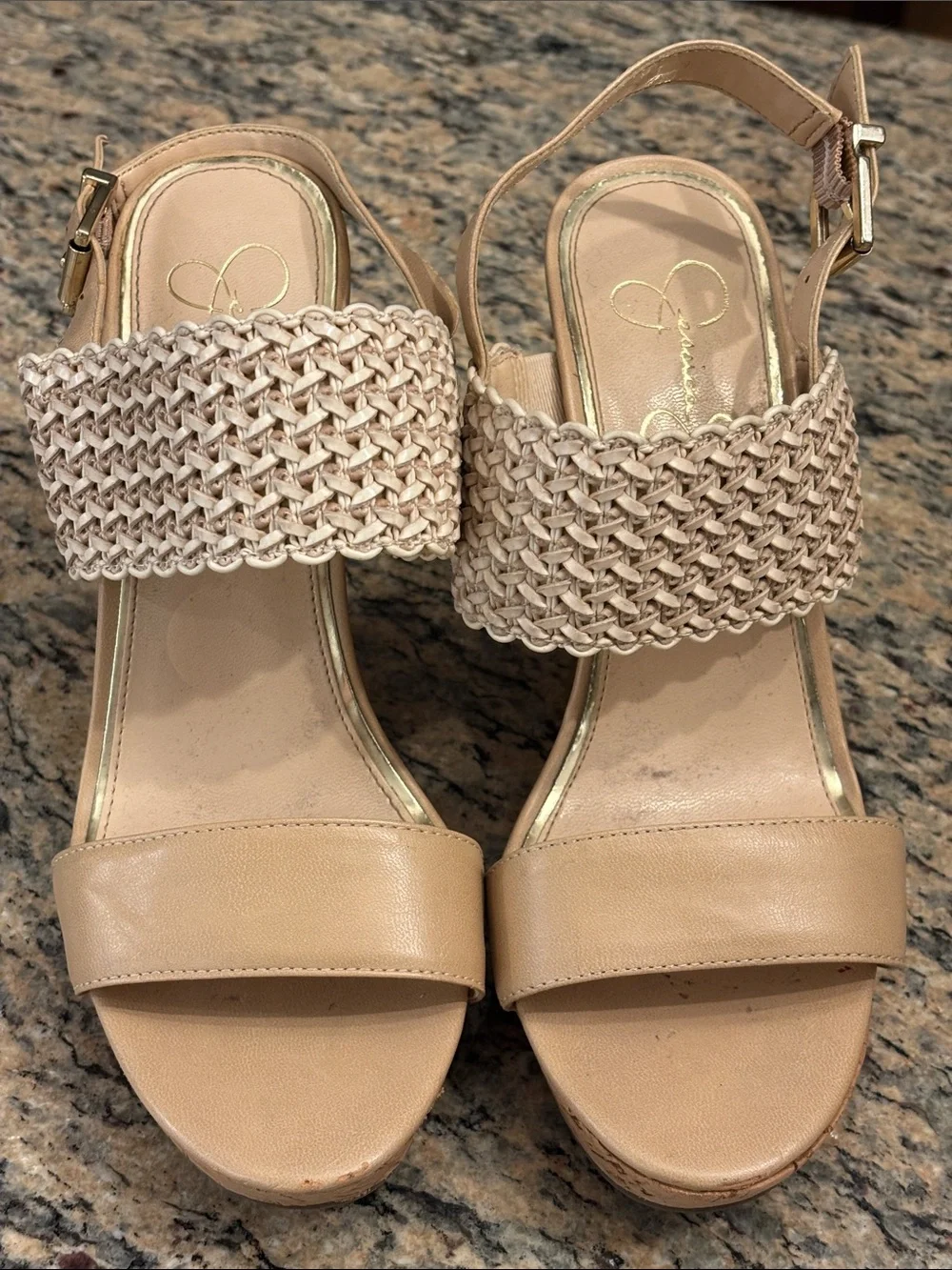 Jessica Simpson Nude Cork Wedge Sandals Woven Slingback Platform Heels Size 8B